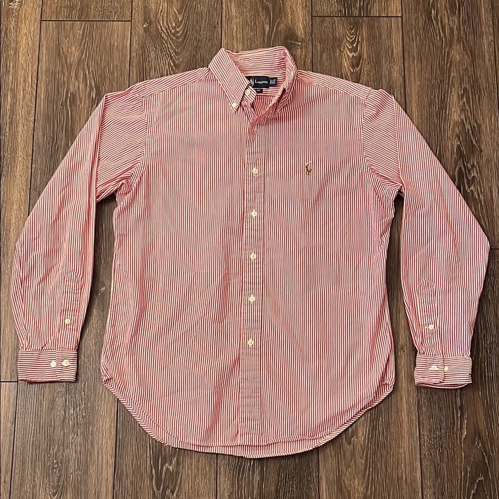Ralph Lauren Classic Fit Men’s 15.5 34/35 Red Striped Button Down Flesh Pony